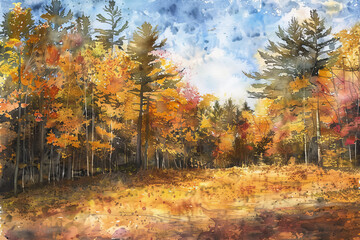 Fototapeta premium A painting of a forest with trees in autumn colors