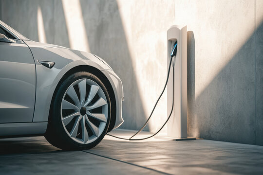 White Electric Car Charging at Modern Station, Side view of a white electric car connected to a charging station in a minimalist outdoor setting, sunlight casting shadows