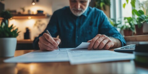 Obraz premium A man is writing on a piece of paper with a pen. He is sitting at a table with a calculator and a notebook. The scene suggests that he is working on a project or a task that requires calculations
