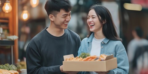 A man and woman are smiling and holding a box of food. Scene is happy and lighthearted