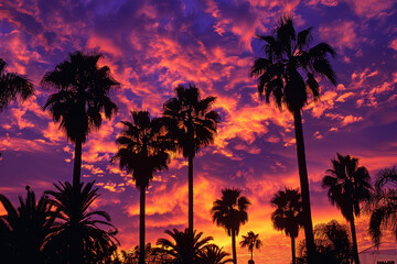 A beautiful sunset over a palm tree forest
