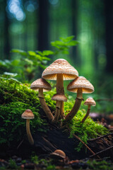 Fototapeta premium Close-up of small inedible mushrooms growing on a forest floor, surrounded by lush greenery and moss, captured in a natural setting. Generative AI