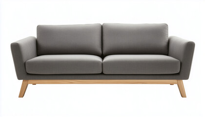 Fototapeta premium Modern minimalist sofa with wooden legs, gray fabric upholstery, and soft cushions