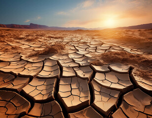 A macro shot of cracked, dry earth in a barren landscape, emphasizing the rough texture