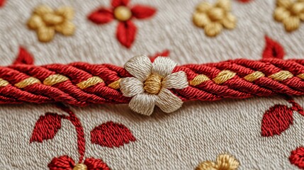 Close-up of detailed embroidery with floral pattern and colorful threads.
