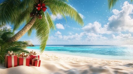 Christmas in southern hemisphere with a palm tree with christmas decorations and gift boxes on tropical beach with white sand and beautiful blue sea view and copy space