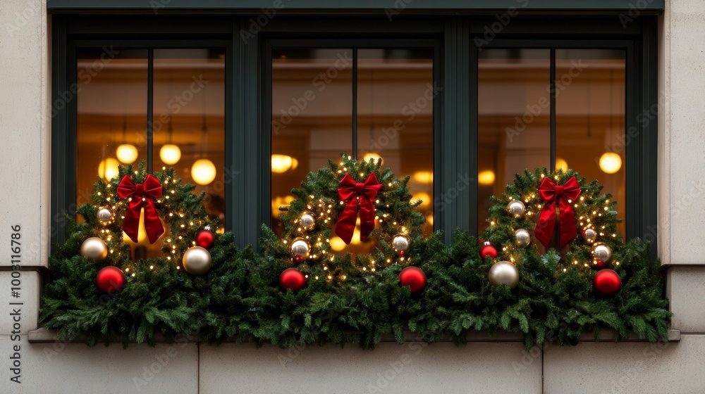 Canvas Prints A boutique store window with twinkling Christmas lights, hanging ornaments, and decorated wreaths, cozy festive feel 