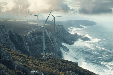 A wind farm is shown on a rocky shoreline with a stormy sky in the background