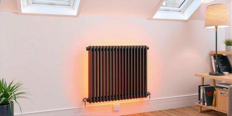 conceptual representation of a radiator that radiates heat and heats the living space, central heating and costs for energy supply