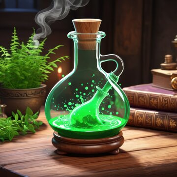 A bubbling green potion in a round glass bottle sits amidst magical tools, including books, herbs, and a candle, setting the scene for an alchemical or magical experiment