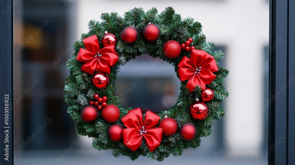 Sticker A vibrant Christmas wreath with red bows and glittering ornaments hanging on a shop window, festive atmosphere 