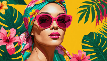 Portrait femme visage lunettes soleil bandeau foulard vintage retro années 80 pop art jaune fougères coloré affiche.