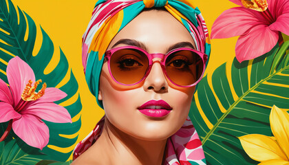 Portrait femme visage lunettes soleil bandeau foulard vintage retro années 80 pop art jaune fougères coloré affiche.