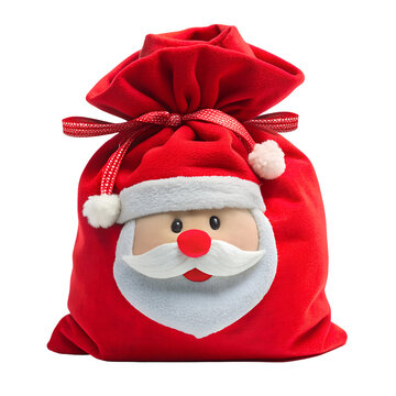 recommend clip art: Cute Red Christmas Santa Bag with Embroidered Face and Ribbon, isolated on white transparent background, png element