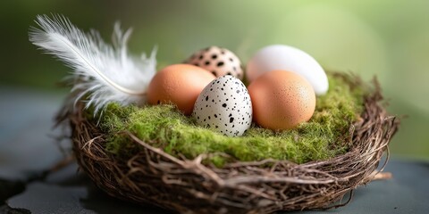 Obraz premium A nest of eggs with a feather on top. The eggs are white and brown and are arranged in a circle