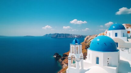 Aerial shot of Santorini's white houses with blue domes perched on cliffs overlooking the Aegean Sea 