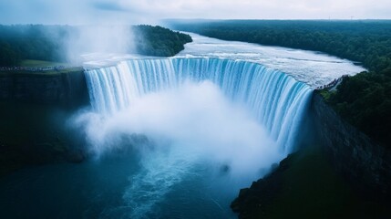 Fototapeta premium Aerial view of Niagara Falls with mist rising over the cascading waterfalls and tourists observing from above 