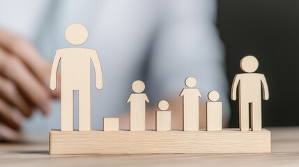 Wooden blocks shaped like human figures arranged in ascending order, symbolizing personal and professional growth, career progression, and business success in a modern office