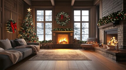 Fireplace with christmas decorations. View of the spacious living room with a fireplace and Christmas decorations. Generative AI