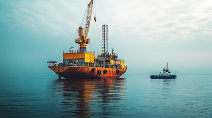 Offshore oil rig and small vessel in calm seas show industrial activity in maritime setting.