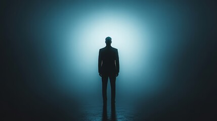 Obraz premium A man stands in a dark room with a blue background