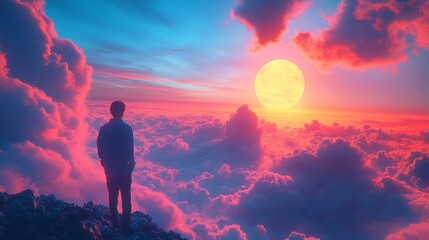 Fototapeta premium A man is standing on a mountain top, looking out at the sky