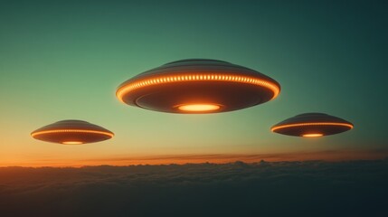 Fototapeta premium Three alien shaped UFOs are flying in the sky