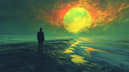 A man is walking on a beach with a large yellow moon in the background