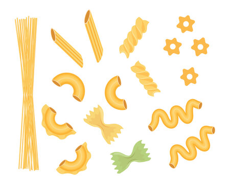 Set of shaped Italian pasta in cartoon style.Vector illustration delicious pasta of different types:spaghetti, farfalle, serpentine, conchiglie, rigatoni, fusilli, stellini, celentani,creste di gallo.