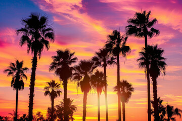 A beautiful sunset over a palm tree forest