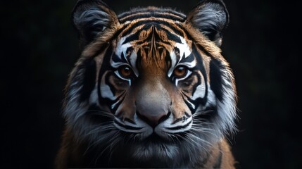 A tiger is staring at the camera with its eyes wide open