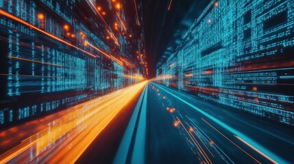 Fototapeta premium Generative AI : Digital data flow on road with motion blur to create vision of fast speed transfer