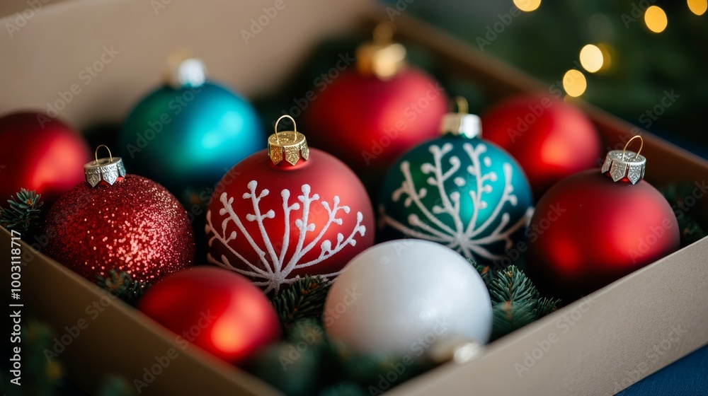 Sticker Box of vintage Christmas ornaments with delicate designs, nestled in tissue paper, ready for decorating, soft festive lighting 