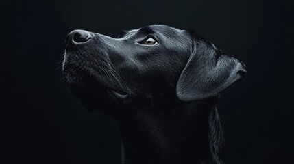 A black dog with a black nose and black eyes is looking up at the camera