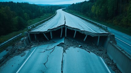 Broken highway bridge after an earthquake showing severe structural damage infrastructure collapse 