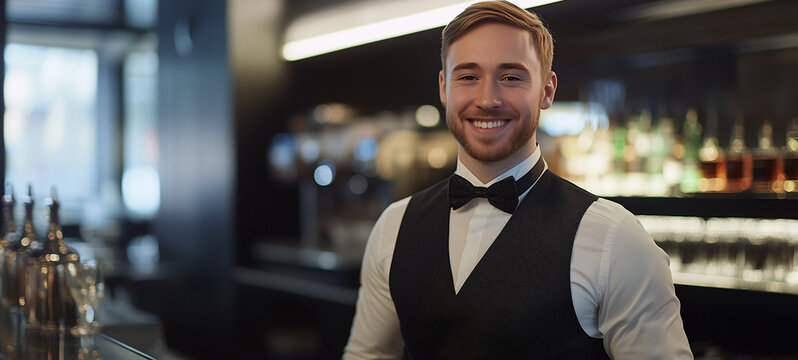 A handsome young smiling male bartender wearing a black vest and bow tie, standing behind the bar counter in a luxury hotel or restaurant