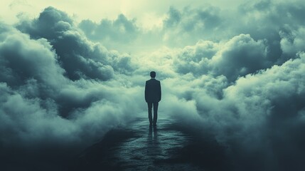 A man is walking through a foggy, misty sky