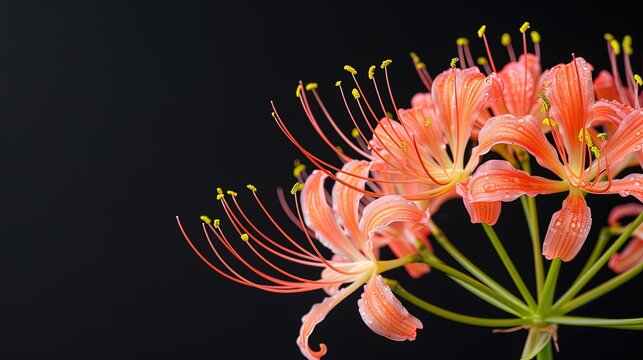 Lycoris radiata (Red Spider Lily) flowers on dark color background, dramatic romantic sad concept, mysterious beauty.