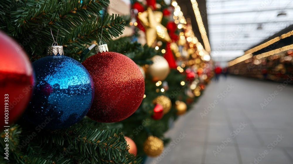 Canvas Prints Christmas decorations aisle with sparkling ornaments, tinsel, and festive lights, bright store lighting, holiday cheer 