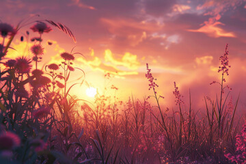 A field of flowers with a bright orange sun in the sky