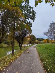 Path in the city park near the river in autumn