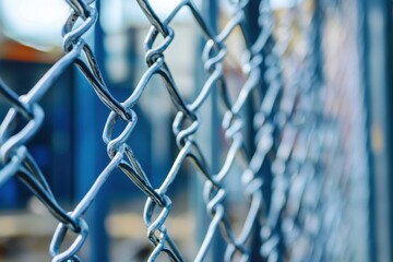 Fototapeta premium Close up view of a chain link fence during daylight hours at an industrial site with blurred background elements