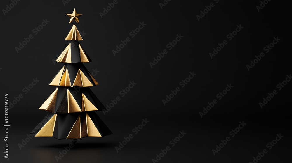 Canvas Prints Christmas tree made of abstract geometric shapes and metallic colors isolated on a sleek black gradient background 