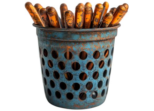 a blue container with rusty pencils in it. 