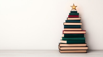 Christmas tree shaped from stacked vintage books with small candle lights glowing on white background isolated 