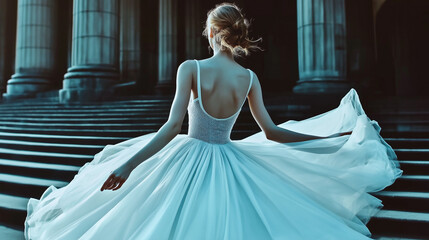 Fototapeta premium Woman in flowing white dress walking on stairs of a classical building