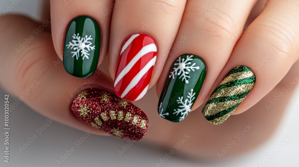 Wall mural Close-up of hands with festive Christmas nails featuring red, green, and gold designs, glittering snowflakes, and candy cane stripes, soft warm lighting 