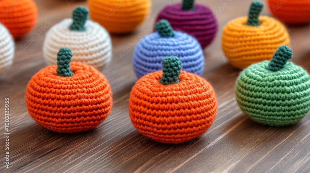 Wall mural Cluster of small crochet pumpkins in vibrant autumn colors scattered on a wooden table handmade fall crafts 