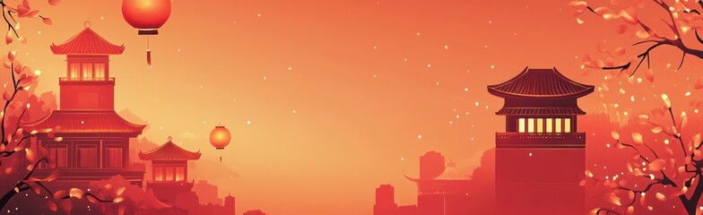 Obraz premium Chinese New Year background with lanterns, flowers and temple