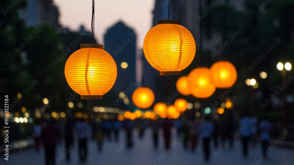 Poster Connaught Place lit up with bright Diwali lanterns and hanging lights as people celebrate in the bustling streets 